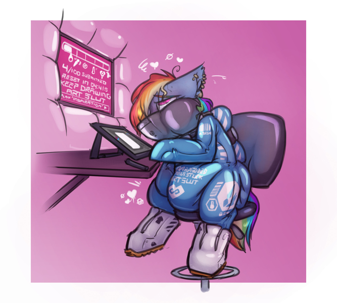 Size: 2000x1800 | Tagged: questionable, artist:krd, derpibooru import, rainbow dash, pegasus, pony, artslut, bar code, bdsm, bodysuit, bondage, boots, bound and gagged, bound wings, chair, cheeks, clothes, creating art, desk, diaper, diaper fetish, diaper suit, drawing tablet, ear piercing, earring, emanata, exhausted, eyeroll, female, fetish, floating heart, floppy ears, gag, heart, image, jewelry, jpeg, latex, latex fetish, latex suit, leaning on table, locked, long term, muzzle, muzzle gag, office chair, orgasm denial, padded cell, paddling, permanent, permanent bondage, piercing, pink background, poofy diaper, rubber, rubber suit, screen, seams, shoes, simple background, sitting, solo, solo female, stuffed, stylus, sweat, sweatdrop, tail, tail sticking out, wings