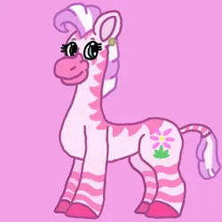 Size: 1000x1000 | Tagged: safe, artist:mintwhistle, derpibooru import, oc, oc:fuchsia, unofficial characters only, pony, zebra, g5, colored hooves, ear piercing, earring, female, g5 oc, image, jewelry, mare, medibang paint, piercing, pink, pink background, png, simple background, smiling, solo, zebra oc