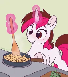 Size: 1909x2160 | Tagged: safe, artist:skysorbett, derpibooru import, oc, oc:vetta, pony, unicorn, beauty mark, cookie, food, frying pan, image, jpeg, potato, solo