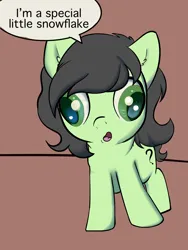 Size: 3000x4000 | Tagged: safe, artist:dumbwoofer, derpibooru import, oc, oc:anonfilly, earth pony, pony, ear fluff, female, filly, image, open mouth, png, retarded, simple background, solo, speech bubble, text