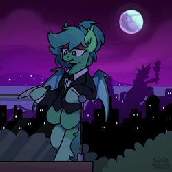 Size: 1000x1000 | Tagged: safe, artist:sugar morning, derpibooru import, oc, oc:carte blanche, unofficial characters only, bat pony, pony, animated, balcony, bat pony oc, bat wings, bowtie, clothes, coat markings, eyeshadow, femboy, freckles, gif, image, juggling, knife, leaning, leaning back, makeup, male, manehattan, moon, night, night sky, ponytail, sky, socks (coat marking), solo, stallion, statue of liberty, suit, wings