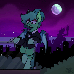 Size: 1000x1000 | Tagged: safe, alternate version, artist:sugar morning, derpibooru import, oc, oc:carte blanche, unofficial characters only, bat pony, pony, animated, balcony, bat pony oc, bat wings, bowtie, clothes, coat markings, eyeshadow, femboy, freckles, image, juggling, knife, leaning, leaning back, makeup, male, manehattan, moon, night, night sky, ponytail, sky, socks (coat marking), solo, stallion, statue of liberty, suit, webm, wings