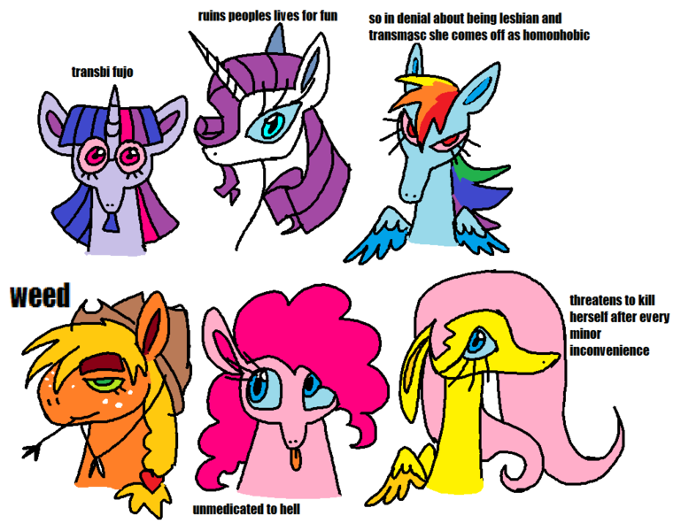 Size: 1017x793 | Tagged: safe, artist:devilbunzz, derpibooru import, applejack, fluttershy, pinkie pie, rainbow dash, rarity, twilight sparkle, earth pony, pegasus, pony, unicorn, bisexual, female, image, implied drugs, mane six, png, simple background, trans female, transgender, transmasculine, unicorn beard, white background