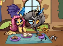 Size: 1024x748 | Tagged: safe, artist:t0byinthesky, derpibooru import, discord, fluttershy, draconequus, pegasus, pony, cup, cute, female, fluttershy's cottage, food, image, jpeg, mare, muffin, open mouth, open smile, sandwich, shyabetes, signature, smiling, sugar cubes, tea party, teacup