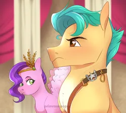 Size: 1280x1146 | Tagged: safe, artist:primrosepaper, derpibooru import, hitch trailblazer, pipp petals, earth pony, pegasus, pony, g5, chest, duo, duo male and female, eyes on the prize, female, girl staring at guy's chest, hitchpipp, image, male, mare, meme, png, ponified meme, shipping, stallion, straight