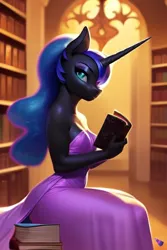 Size: 512x768 | Tagged: suggestive, derpibooru import, machine learning generated, stable diffusion, nightmare moon, alicorn, anthro, ai content, beautiful, breasts, clothes, dress, ethereal mane, exploitable meme, eyeshadow, female, generator:pony diffusion v5, generator:purplesmart.ai, image, library, looking at you, makeup, mare, meme, png, purple dress, reading, reading rainbow, reasonably sized breasts, sexy, sitting, smiling, solo, strapless