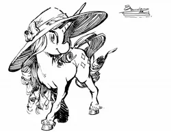 Size: 1274x986 | Tagged: safe, artist:gordoleeno, derpibooru import, rarity, pony, unicorn, black and white, clothes swap, crossed hooves, curly mane, graceful, grayscale, hat, image, jpeg, lace, looking at you, monochrome, profile, quadrupedal, signature, simple background, smiling, solo, white background