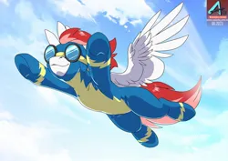 Size: 1100x778 | Tagged: safe, artist:arctic-fox, derpibooru import, oc, oc:swift apex, unofficial characters only, pegasus, pony, clothes, flying, girly, image, jpeg, male, solo, spread wings, stallion, uniform, wings, wonderbolts uniform