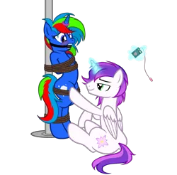 Size: 4217x4153 | Tagged: suggestive, artist:equestria secret guard, artist:radiantrealm, derpibooru import, oc, oc:purple rose, oc:shining star, unofficial characters only, alicorn, pony, unicorn, alicorn oc, arm behind back, ballgag, belly button, bipedal, blushing, bondage, bound and gagged, female, gag, helpless, horn, horn ring, image, jewelry, magic suppression, male, mare, png, pole tied, ring, rope, rope bondage, sex toy, sexy, simple background, smiling, solo, stallion, tied up, transparent background, wings