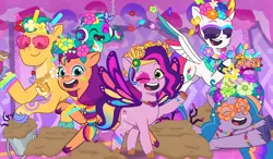 Size: 4001x2341 | Tagged: safe, derpibooru import, edit, edited screencap, screencap, hitch trailblazer, izzy moonbow, pipp petals, sparky sparkeroni, sunny starscout, zipp storm, pony, g5, my little pony: tell your tale, spoiler:g5, spoiler:my little pony: tell your tale, spoiler:tyts01e55, bridlewoodstock (tell your tale), female, image, male, png, upscaled, wallpaper