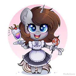Size: 4000x4000 | Tagged: safe, artist:madelinne, derpibooru import, oc, unofficial characters only, anthro, unicorn, candy, chibi, clothes, cute, drink, food, horn, image, lollipop, maid, png, solo, unicorn oc
