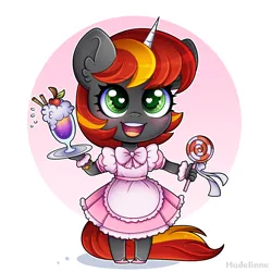 Size: 4000x4000 | Tagged: safe, artist:madelinne, derpibooru import, oc, unofficial characters only, anthro, unicorn, candy, chibi, clothes, cute, drink, food, horn, image, lollipop, maid, png, solo, unicorn oc