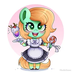 Size: 4000x4000 | Tagged: safe, artist:madelinne, derpibooru import, oc, unofficial characters only, anthro, earth pony, candy, clothes, cute, drink, earth pony oc, food, image, lollipop, maid, png, solo