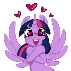 Size: 1660x1674 | Tagged: safe, artist:sorcerushorserus, color edit, derpibooru import, edit, twilight sparkle, twilight sparkle (alicorn), alicorn, pony, blushing, colored, crossed hooves, cute, daaaaaaaaaaaw, female, floating heart, g4, happy, heart, heart eyes, image, looking at you, mare, open mouth, open smile, png, simple background, smiling, solo, spread wings, twiabetes, white background, wingding eyes, wings