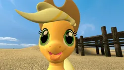 Size: 1920x1080 | Tagged: safe, artist:charismatic pony, derpibooru import, applejack, earth pony, pony, 3d, female, funny face, gmod, hurr durr, image, jpeg, mare, sand, sky, solo