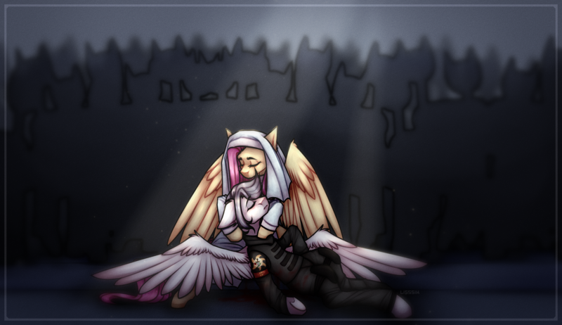 Size: 4500x2600 | Tagged: safe, derpibooru import, fluttershy, oc, oc:light knight, pegasus, pony, armor, blood, christianity, clothes, crowd, flutternun, image, jesus christ, lies, light, military, military uniform, music video, nun, pieta, png, reference, shadow, uniform