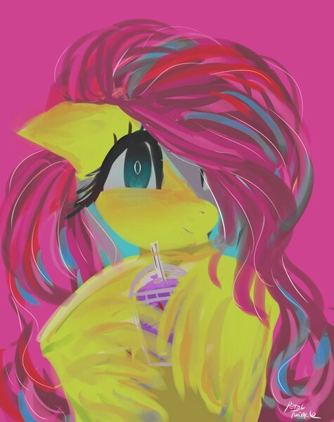 Size: 1013x1280 | Tagged: safe, artist:petaltwinkle, derpibooru import, fluttershy, pegasus, pony, drink, female, floppy ears, grimace shake, hair over one eye, image, jpeg, mare, mcdonald's, meme, milkshake, pink background, simple background, solo, wing hands, wing hold, wings