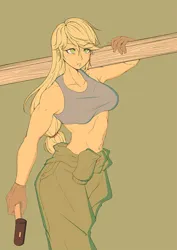 Size: 818x1158 | Tagged: safe, artist:doktor-d, derpibooru import, applejack, human, equestria girls, belly button, breasts, busty applejack, carrying, clothes, female, gloves, green background, hammer, image, jpeg, midriff, shoulder carry, simple background, solo