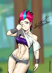 Size: 2480x3508 | Tagged: suggestive, artist:jackudoggy, derpibooru import, zipp storm, human, g5, my little pony: tell your tale, abs, blurry background, breasts, busty zipp storm, clothes, female, humanized, image, muscles, muscular female, pale skin, png, ripped zipp