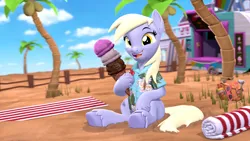 Size: 3840x2160 | Tagged: safe, artist:owlpirate, derpibooru import, derpy hooves, pegasus, pony, 3d, 4k, beach, clothes, cute, derpabetes, female, hawaiian shirt, high res, hoof hold, ice cream cone, image, looking at you, mare, open mouth, open smile, palm tree, png, shirt, sitting, smiling, smiling at you, solo, source filmmaker, summer, tree, underhoof