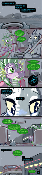 Size: 1057x4310 | Tagged: safe, artist:frist44, derpibooru import, bea santello, blushing, car, comic, conversation, crossover, dialogue, driving, image, my little pony, night, night in the woods, png, seatbelt, spike (mlp)