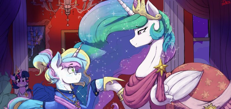 Size: 2163x1027 | Tagged: safe, artist:thelunarmoon, derpibooru import, princess celestia, twilight sparkle, twilight sparkle (alicorn), oc, oc:lunar moon, alicorn, unicorn, canterlot castle interior, chandelier, clothes, crown, doorway, dress, grin, holding hoof, image, implied princess luna, jewelry, jpeg, looking at each other, looking at someone, picture, picture frame, pillar, regalia, smiling, smiling at each other, toothy grin, uniform