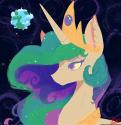 Size: 1982x2048 | Tagged: safe, artist:thelunarmoon, derpibooru import, princess celestia, alicorn, cloud, crown, digital painting, earth, image, jewelry, jpeg, looking forward, planet, regalia, smiling, solo, space, stars