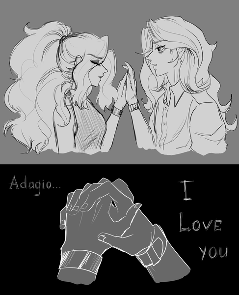 Size: 2988x3679 | Tagged: safe, artist:daazzlin, derpibooru import, adagio dazzle, sunset shimmer, equestria girls, duo, female, grayscale, image, lesbian, monochrome, png, shipping, sunsagio