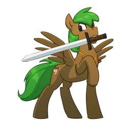 Size: 2452x2400 | Tagged: safe, artist:carnifex, derpibooru import, oc, oc:peatmoss, unofficial characters only, pegasus, pony, image, male, mouth hold, png, simple background, solo, stallion, sword, transparent background, weapon