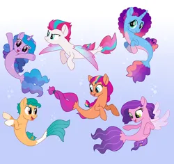 Size: 1780x1680 | Tagged: safe, artist:dazzle, derpibooru import, hitch trailblazer, izzy moonbow, pipp petals, sunny starscout, zipp storm, seapony (g4), g5, my little pony: the movie, fin wings, generation leap, image, misty brightdawn, png, rebirth misty, seaponified, seapony hitch trailblazer, seapony izzy moonbow, seapony misty brightdawn, seapony pipp petals, seapony sunny starscout, seapony zipp storm, species swap, wings
