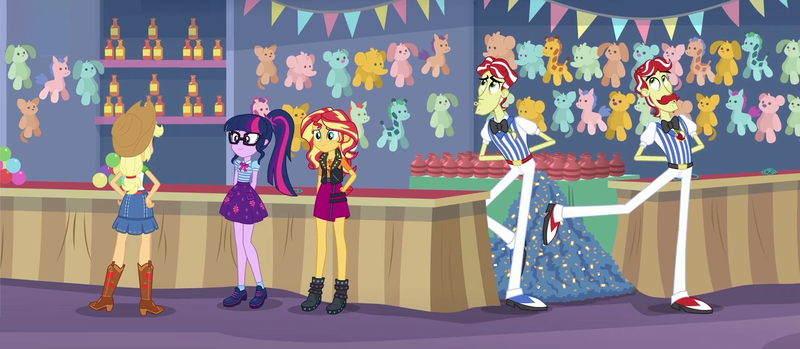 Size: 1291x563 | Tagged: safe, composite screencap, derpibooru import, edit, edited screencap, editor:incredibubbleirishguy, screencap, applejack, flam, flim, sci-twi, sunset shimmer, twilight sparkle, equestria girls, equestria girls series, rollercoaster of friendship, booth, bottle, brothers, bunting, duo, duo male, female, flim flam brothers, image, jewelry, male, panorama, plushie, png, ring, siblings, ticket, trio, trio female