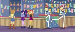 Size: 1291x563 | Tagged: safe, composite screencap, derpibooru import, edit, edited screencap, editor:incredibubbleirishguy, screencap, applejack, flam, flim, sci-twi, sunset shimmer, twilight sparkle, equestria girls, equestria girls series, rollercoaster of friendship, booth, bottle, brothers, bunting, duo, duo male, female, flim flam brothers, image, jewelry, male, panorama, plushie, png, ring, siblings, ticket, trio, trio female