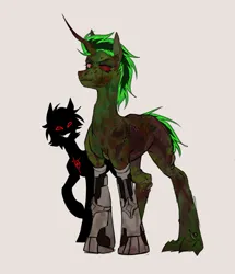 Size: 1782x2069 | Tagged: semi-grimdark, derpibooru import, oc, oc:vil, unofficial characters only, alicorn, fallout equestria, alicorn oc, amputee, artificial alicorn, augmented, burn, green alicorn (fo:e), horn, image, jpeg, mutation, prosthetic leg, prosthetic limb, prosthetics, red eyes, scar, scratches, wings