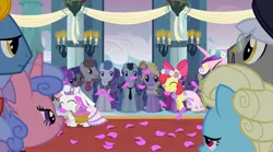 Size: 2160x1200 | Tagged: safe, derpibooru import, screencap, apple bloom, princess cadance, queen chrysalis, sweetie belle, alicorn, earth pony, pony, unicorn, a canterlot wedding, background pony, basket, canterlot, canterlot castle, clothes, cute, dress, eyes closed, fake cadance, female, filly, floral head wreath, flower, flower filly, flower girl, flower girl dress, flower in hair, flower petals, foal, force field, happy, hopping, image, jpeg, marriage, wedding
