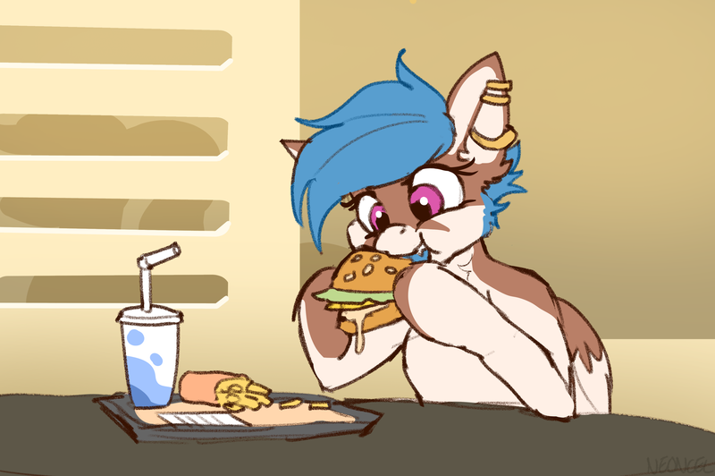 Size: 3800x2528 | Tagged: safe, artist:neoncel, derpibooru import, oc, oc:lissy fluffball, hybrid, insect, moth, mothpony, original species, pegasus, pony, burger, drink, ear piercing, earring, fangs, food, french fries, hamburger, hybrid oc, image, jewelry, piercing, png, soda, solo