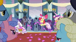 Size: 2160x1200 | Tagged: safe, derpibooru import, screencap, apple bloom, princess cadance, queen chrysalis, scootaloo, sweetie belle, earth pony, pegasus, pony, unicorn, a canterlot wedding, background pony, basket, canterlot, canterlot castle, clothes, cute, dress, eyes closed, fake cadance, female, filly, floral head wreath, flower, flower filly, flower girl, flower girl dress, flower in hair, flower petals, foal, force field, happy, hopping, image, jpeg, marriage, wedding