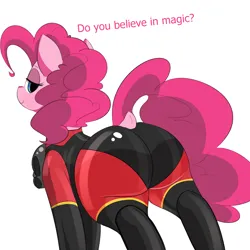 Size: 3000x3000 | Tagged: suggestive, artist:askcanadash, derpibooru import, pinkie pie, earth pony, pony, balloonbutt, bedroom eyes, butt, catsuit, derpibooru exclusive, dialogue, female, image, latex, latex suit, looking back, mare, plot, plump, png, pyro, rubber, simple background, skintight clothes, smiling, solo, solo female, team fortress 2, the ass was fat, tight clothing, white background