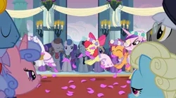 Size: 2160x1211 | Tagged: safe, derpibooru import, screencap, apple bloom, princess cadance, queen chrysalis, scootaloo, sweetie belle, alicorn, earth pony, pegasus, pony, unicorn, a canterlot wedding, background pony, basket, canterlot, canterlot castle, clothes, cute, dress, fake cadance, female, filly, floral head wreath, flower, flower filly, flower girl, flower girl dress, flower in hair, flower petals, foal, force field, happy, hopping, image, jpeg, marriage, wedding, wicked