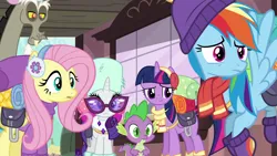 Size: 1280x720 | Tagged: safe, derpibooru import, screencap, discord, fluttershy, rainbow dash, rarity, spike, twilight sparkle, twilight sparkle (alicorn), alicorn, draconequus, dragon, pony, dungeons and discords, image, png