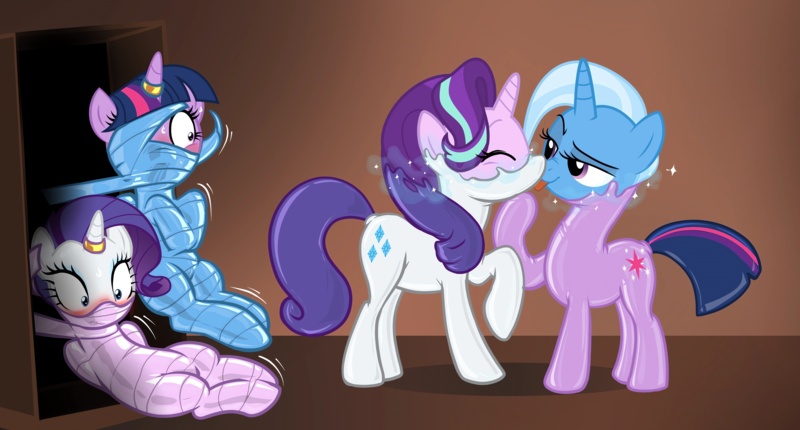 Size: 5062x2722 | Tagged: questionable, derpibooru import, edit, editor:anonymous, rarity, starlight glimmer, trixie, twilight sparkle, /mlp/ latex requests, bodysuit, bondage, catsuit, clothes, derpibooru exclusive, gag, image, latex, latex suit, mummification, mummified, png, rubber, tied up