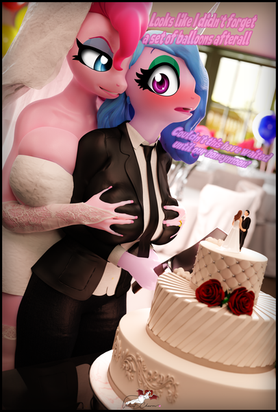 Size: 2600x3840 | Tagged: questionable, artist:velvetcharm, derpibooru import, izzy moonbow, pinkie pie, anthro, earth pony, unicorn, g5, my little pony: a new generation, my little pony: make your mark, my little pony: tell your tale, 3d, balloon, bedroom eyes, blender, blender cycles, blurry background, breast grab, breasts, clothes, devious smile, dress, female, g4, grope, image, izzy and her heroine, izzypie, jewelry, knife, lesbian, lesbian couple, looking at each other, looking at someone, looking back, marriage, png, ring, shipping, shocked, shocked expression, size difference, tuxedo, wedding, wedding dress, wedding ring, wedding veil