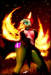 Size: 2600x3840 | Tagged: safe, artist:velvetcharm, derpibooru import, anthro, g5, my little pony: a new generation, my little pony: make your mark, my little pony: tell your tale, 3d, black dress, blender, blender cycles, clothes, dress, fiery wings, fire hair, fire magic, flowing mane, glowing cutie mark, grass, grass field, image, looking away, misty brightdawn, particles, png, red sky, wings