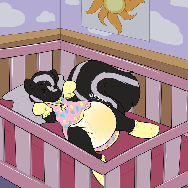 Size: 4000x4000 | Tagged: questionable, alternate version, artist:zombineko, derpibooru import, oc, oc:zenawa skunkpony, unofficial characters only, hybrid, pony, skunk, skunk pony, bed, bedroom, booties, colt, crib, diaper, diaper butt, diaper fetish, eyes closed, fetish, foal, hybrid oc, image, lying down, male, non-baby in diaper, on back, onesie, onomatopoeia, pacifier, peeing in diaper, pissing, png, raised tail, relaxed, scrunchy face, solo, tail, urine, used diaper, watersports, wet diaper, wetting, wetting diaper