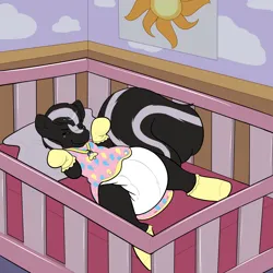 Size: 4000x4000 | Tagged: safe, artist:zombineko, derpibooru import, oc, oc:zenawa skunkpony, unofficial characters only, hybrid, pony, skunk, skunk pony, bed, bedroom, booties, colt, crib, diaper, diaper butt, diaper fetish, eyes closed, fetish, foal, hybrid oc, image, lying down, male, non-baby in diaper, on back, onesie, pacifier, png, raised tail, relaxed, scrunchy face, solo, tail