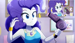 Size: 3334x1934 | Tagged: safe, artist:the-butch-x, derpibooru import, rarity, do it for the ponygram!, equestria girls, equestria girls series, spoiler:eqg series (season 2), alternate hairstyle, bracelet, clothes, dress, eyeshadow, female, geode of shielding, hair dryer, hairstyle swap, image, jewelry, magical geodes, makeup, pinkie pie hair, pinkity, png, rarity peplum dress, scene interpretation, screencap reference, solo
