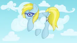 Size: 3840x2160 | Tagged: safe, artist:dawnshine, derpibooru import, oc, oc:cloud cuddler, unofficial characters only, pegasus, pony, blue sky, cloud, cute, cutie mark, female, glasses, image, lying down, lying on a cloud, mare, mouse cursor, on a cloud, png, relaxing, sky, smiling, solo, wallpaper