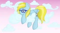 Size: 3840x2160 | Tagged: safe, alternate version, artist:dawnshine, derpibooru import, oc, oc:cloud cuddler, unofficial characters only, pegasus, pony, cloud, cute, cutie mark, female, glasses, image, lying down, lying on a cloud, mare, mouse cursor, on a cloud, pink sky, png, relaxing, sky, smiling, solo, wallpaper