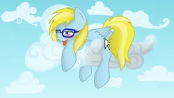 Size: 3840x2160 | Tagged: suggestive, alternate version, artist:dawnshine, derpibooru import, oc, oc:cloud cuddler, unofficial characters only, pegasus, pony, blue sky, blushing, cloud, cute, cutie mark, female, glasses, grinding, image, lying down, lying on a cloud, mare, mouse cursor, on a cloud, png, raincloud, relaxing, sky, smiling, solo, tongue out, wallpaper