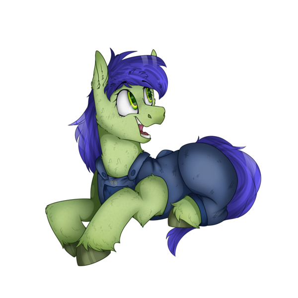 Size: 2500x2500 | Tagged: safe, artist:molars, derpibooru import, oc, oc:scotch tape, unofficial characters only, earth pony, pony, dungarees, female, green eyes, green fur, image, lying down, mare, open mouth, png, smiling, solo, stable, stable-tec, unshorn fetlocks
