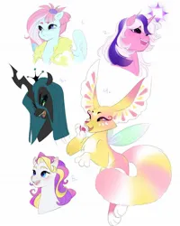 Size: 1088x1357 | Tagged: safe, artist:aztrial, derpibooru import, kerfuffle, puzzlemint, queen chrysalis, twilight (g1), changeling, changeling queen, earth pony, pegasus, pony, unicorn, g1, g3, g5, clothes, coat, fangs, female, fur coat, g4, glow, glowing horn, horn, image, jpeg, kitsune, magic, mare, milkyway, open mouth, simple background, white background